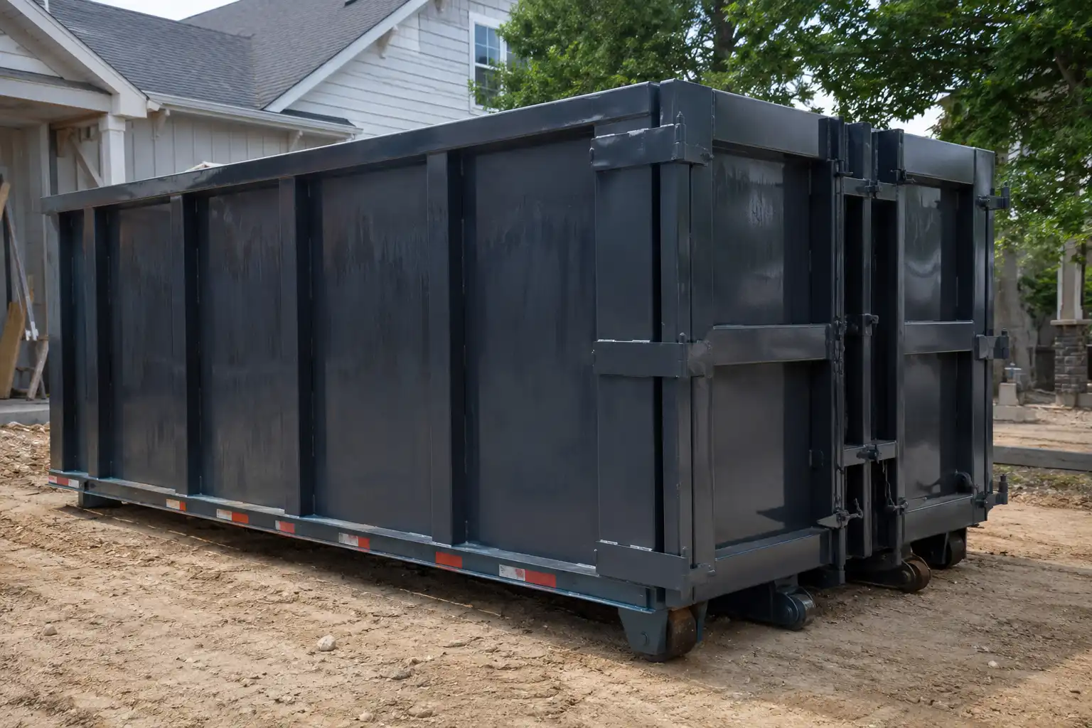Dumpster placed beside a residential renovation project