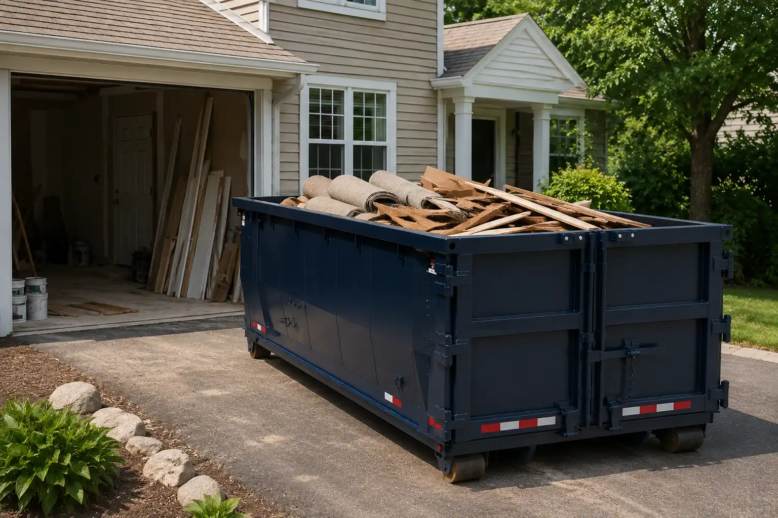 Compact dumpster placed on a residential driveway