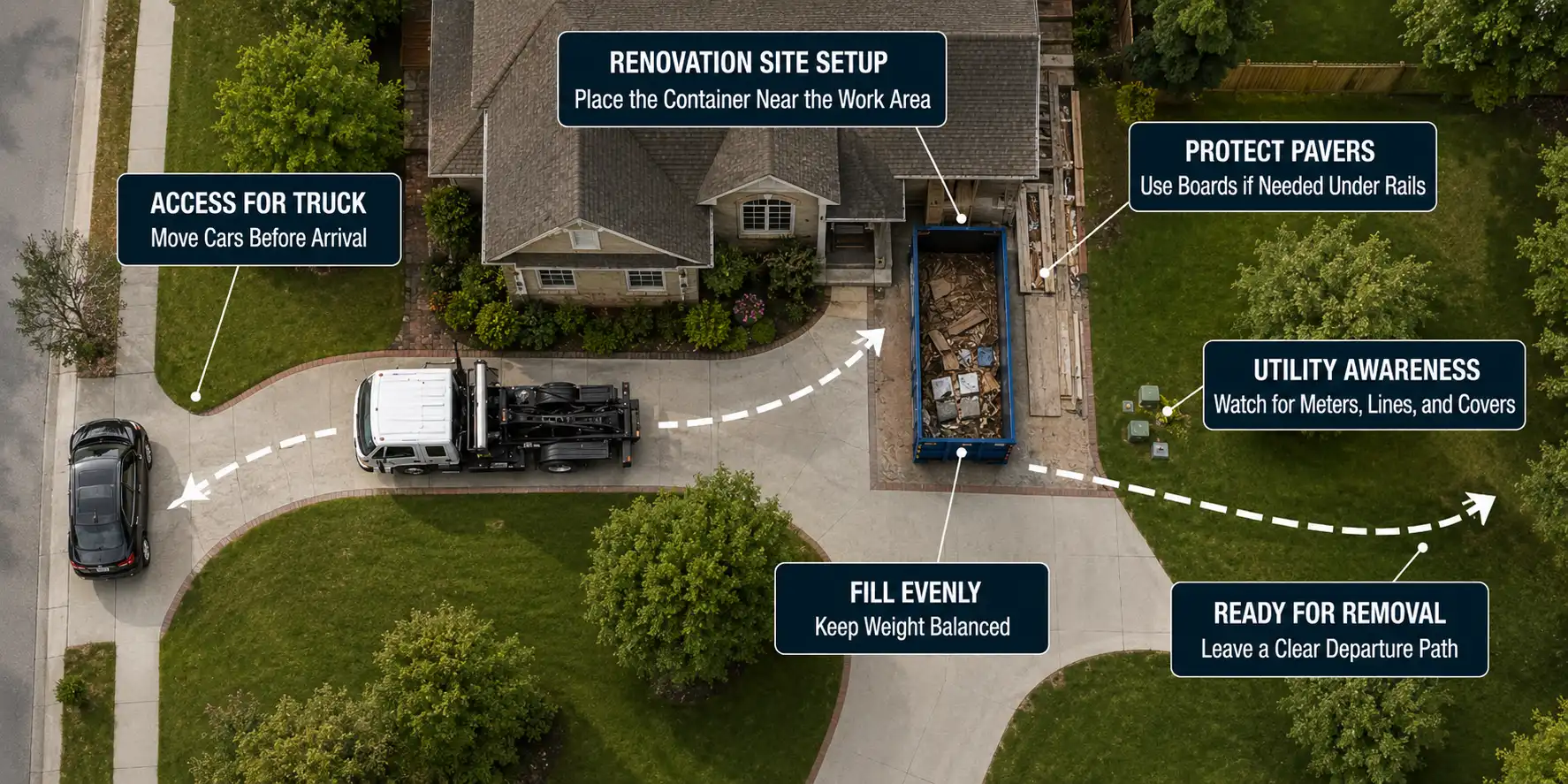 Dumpster placed on a clear residential driveway with open delivery access