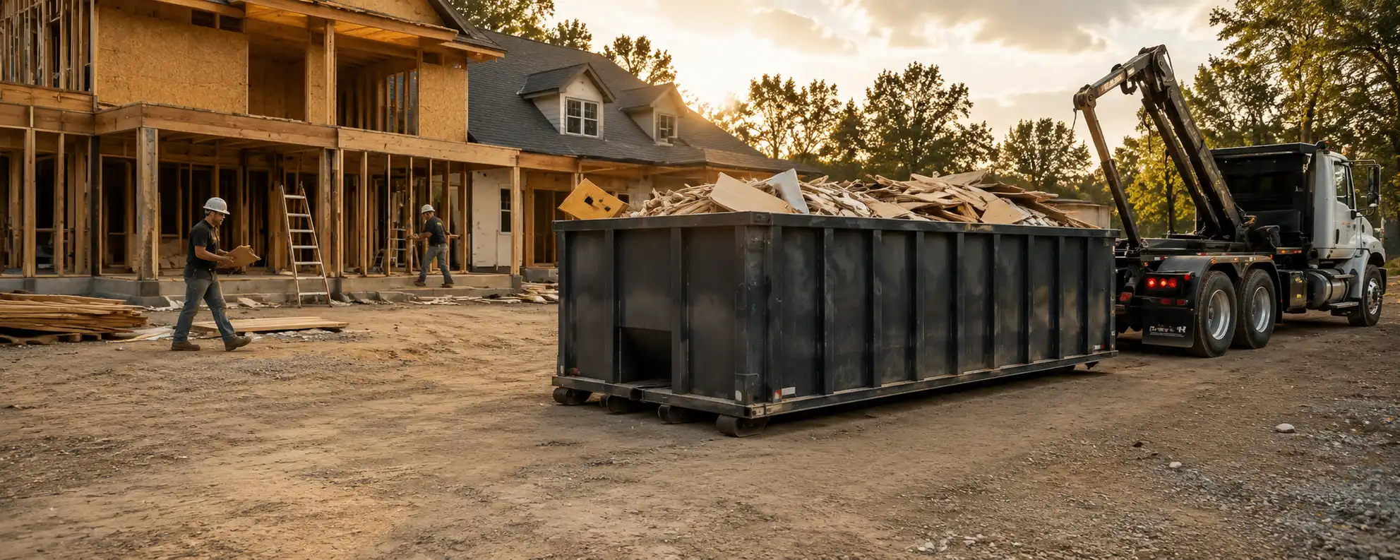 Roll-off truck delivering a dumpster to a jobsite