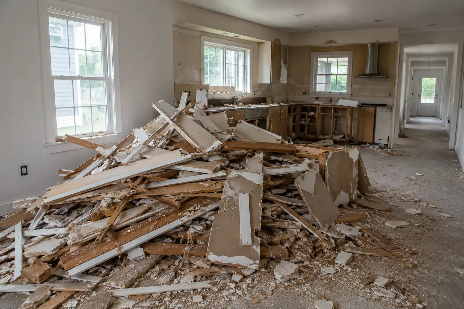 Renovation debris covering the floor of a room under construction